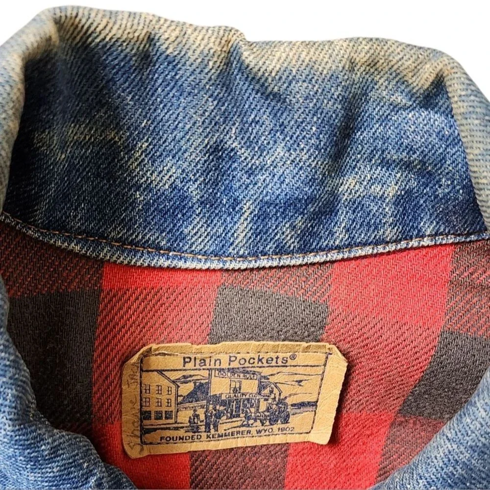 Plain Pocket Blue Denim Jean Jacket Men 40 Buffalo Plaid Lining Trucker Western